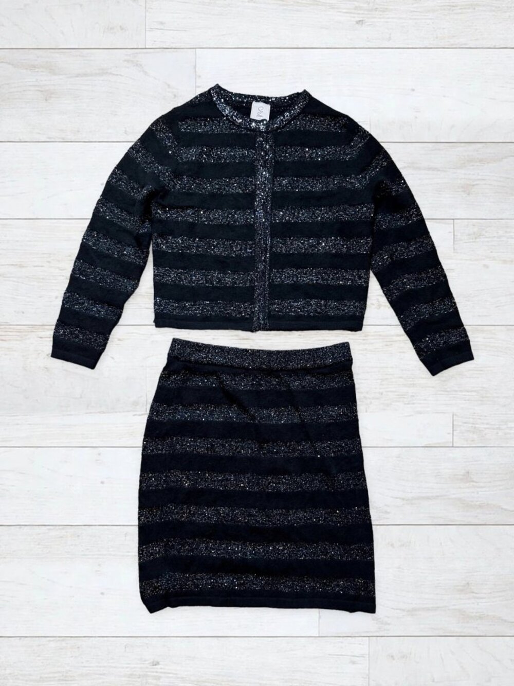 Sioni Black Silver Sequin Stripe Knit Cardigan & Pencil Skirt Set Large NWOT
